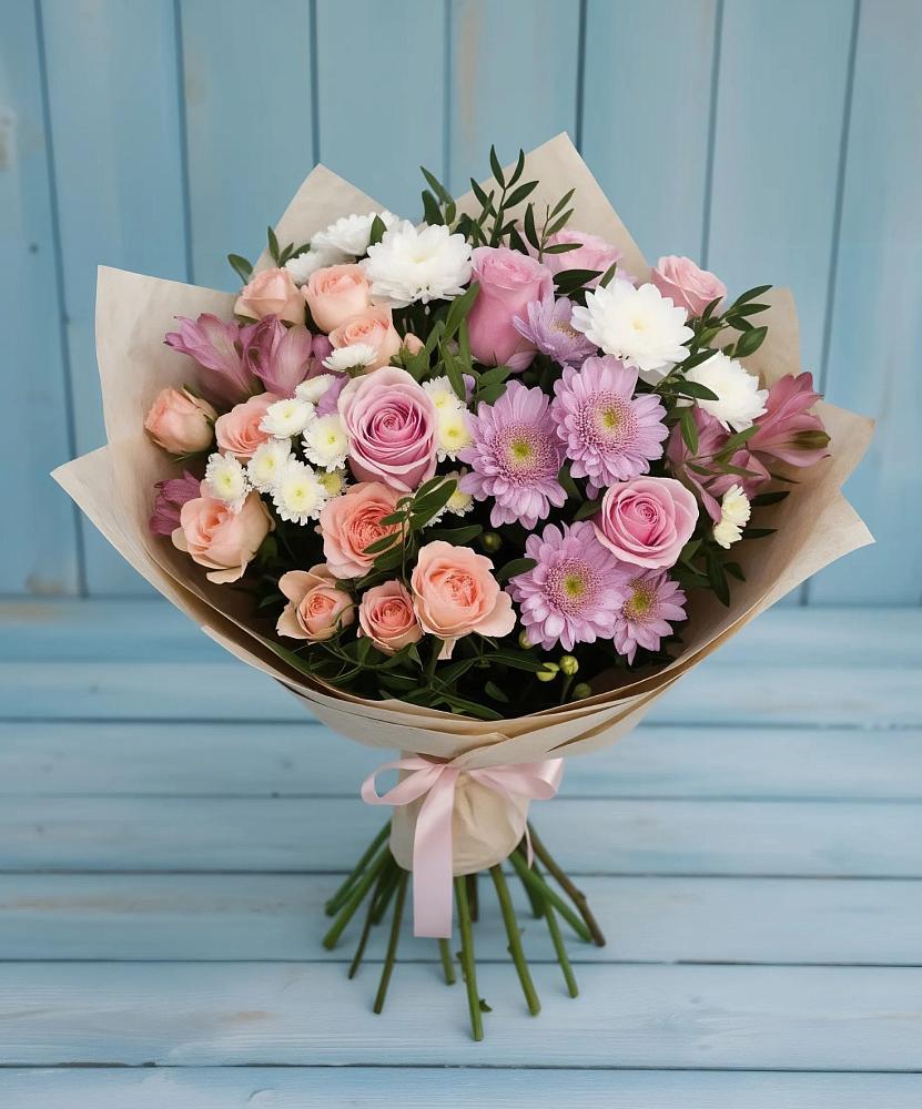 Букет цветов из: Хризантемы, Розы и Альстромерии в Новодеревянковской