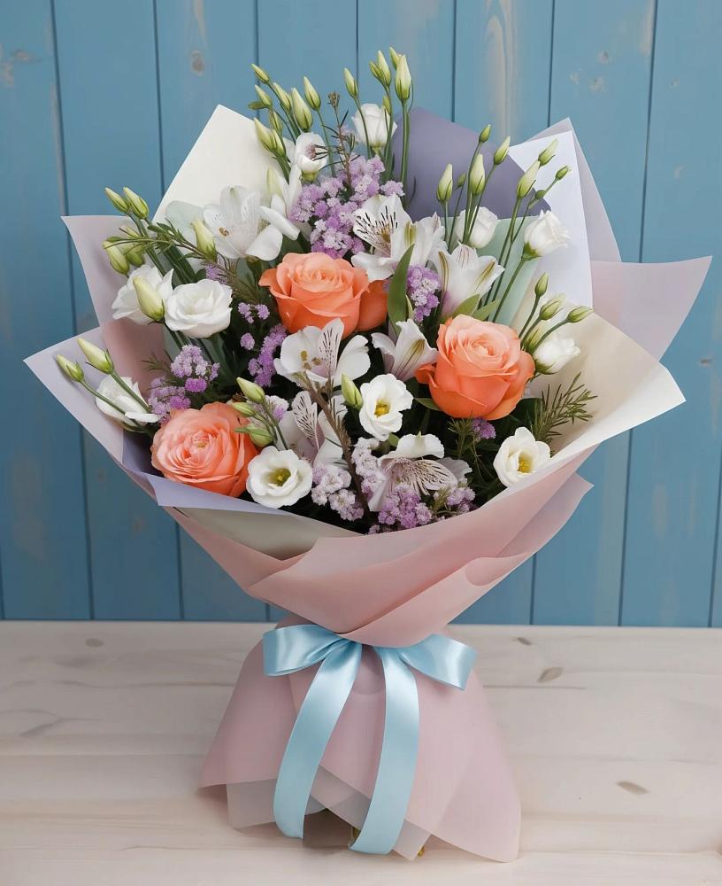 Букет цветов из: Лизиантусы, Розы, Альстромерии и Гипсофила в Новодеревянковской