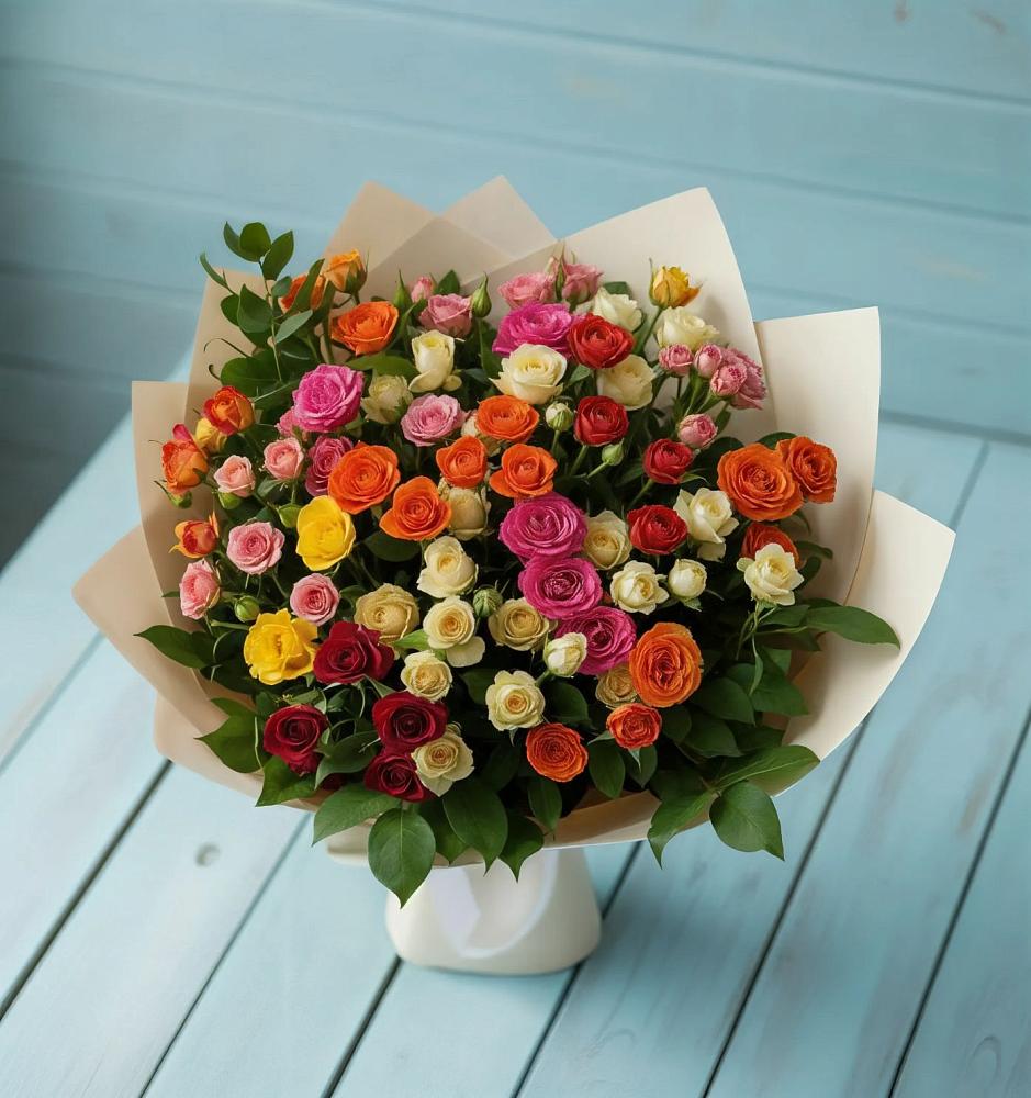 Букет Микс из разноцветных кустовых роз в Новодеревянковской