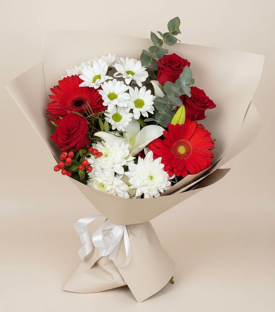 Букет цветов из: Розы, Хризантемы, Герберы и Лилии в Новодеревянковской
