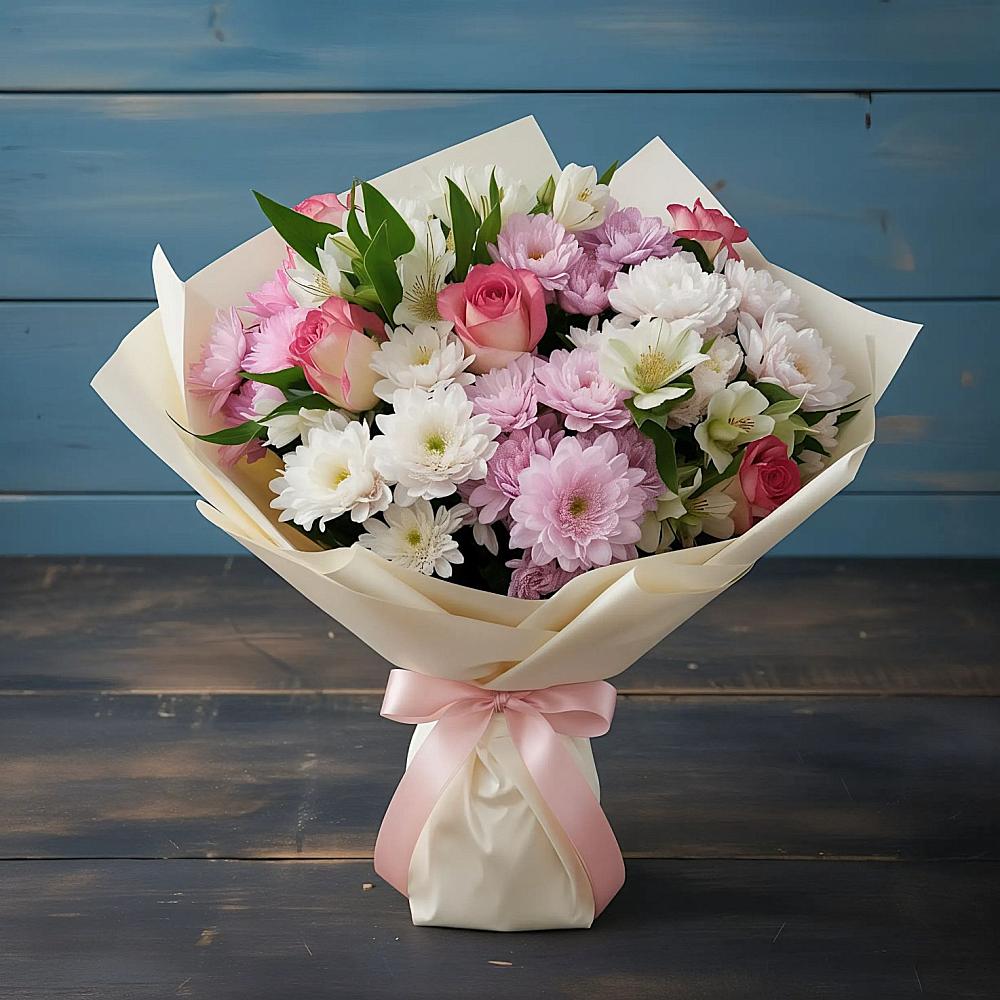 Букет цветов из: Хризантемы, Альстромерии и Розы в Новодеревянковской